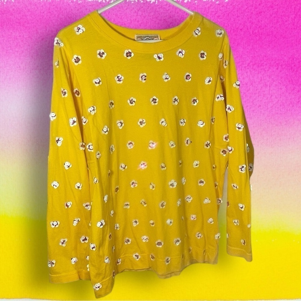 Gene Ewing BIS VTG Yellow Cotton Long Sleeve Sequin Covered Small Flaw Size SM